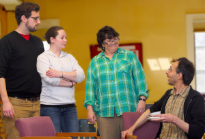 Left to right, Nick Wilson (as Rev. Lee)) of Burlington, Lauren Patterson (as Catherine Simms) and Cheri Gagnon (as Betty Meeks) of South Burlington and Mark Adams (as Charlie Baker) of Burlington rehearse a scene in Shelburne Players' upcoming production "The Foreigner".