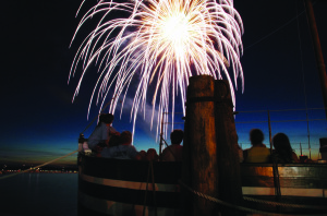 Fireworks light up the sky above the schooner Lois McClure docked at the Burlington waterfront. (Contributed photo)